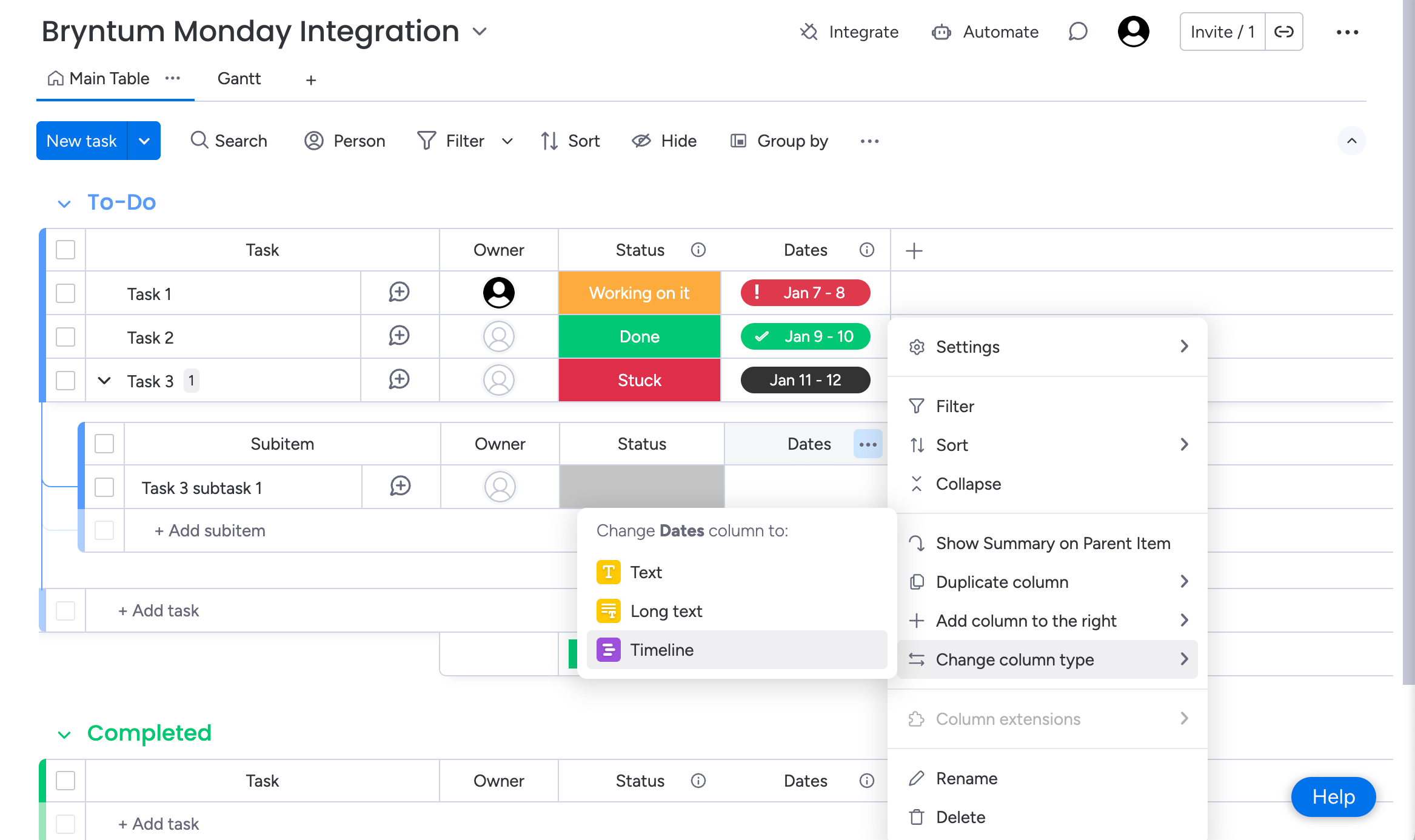Adding a subtask to your board.