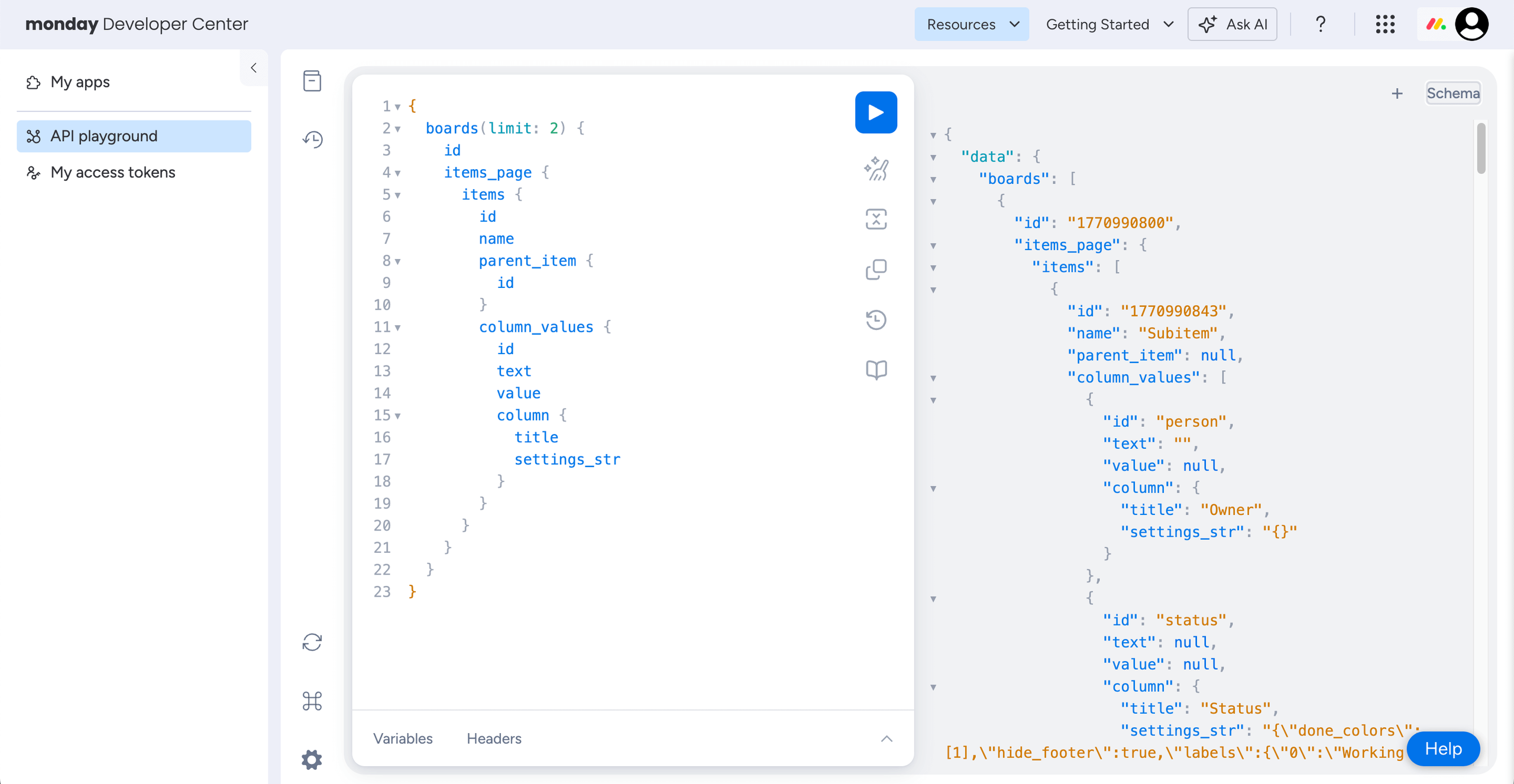 monday.com GraphQL API playground.