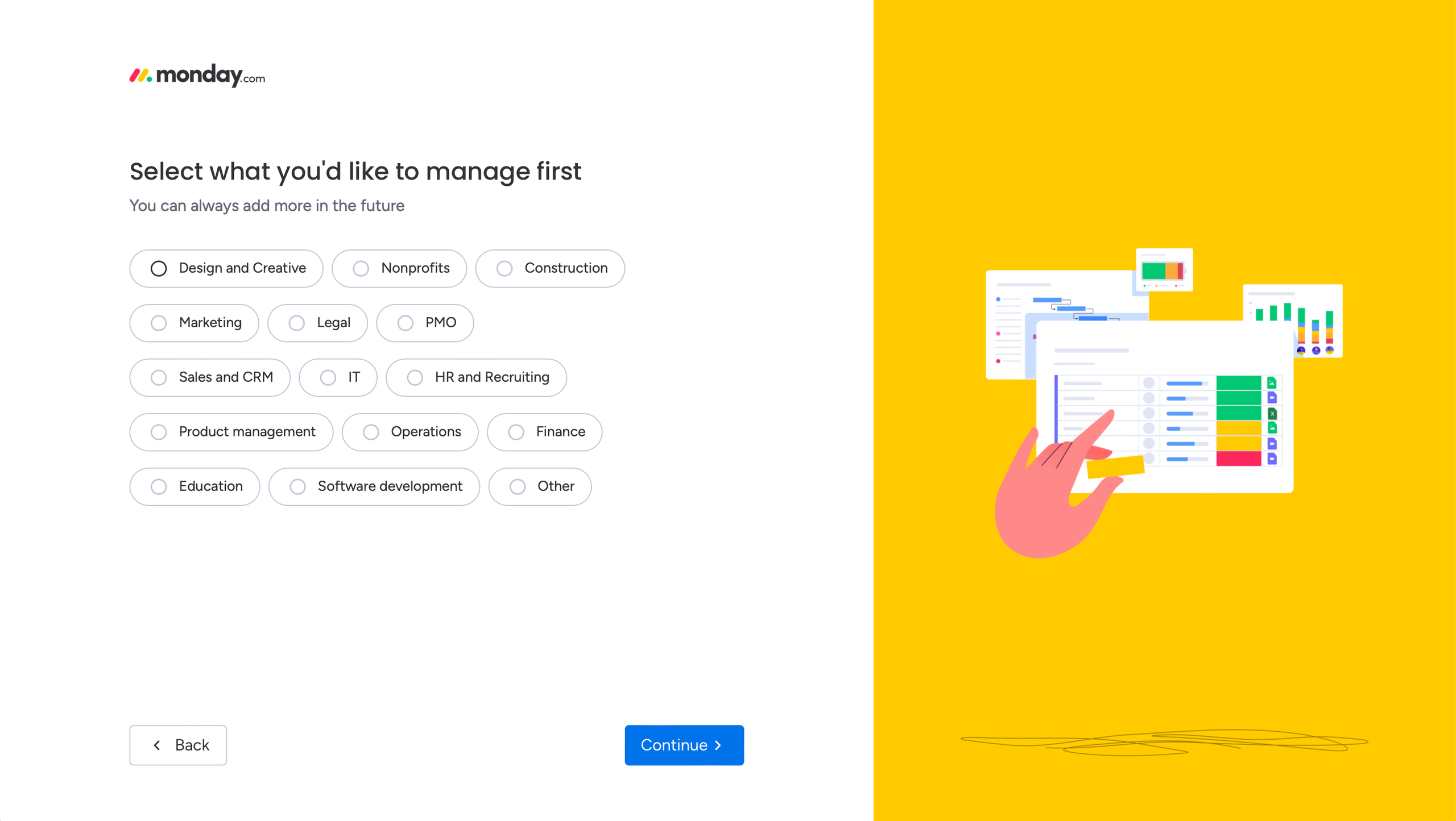 Monday.com new account setup - what you'd like to manage first.
