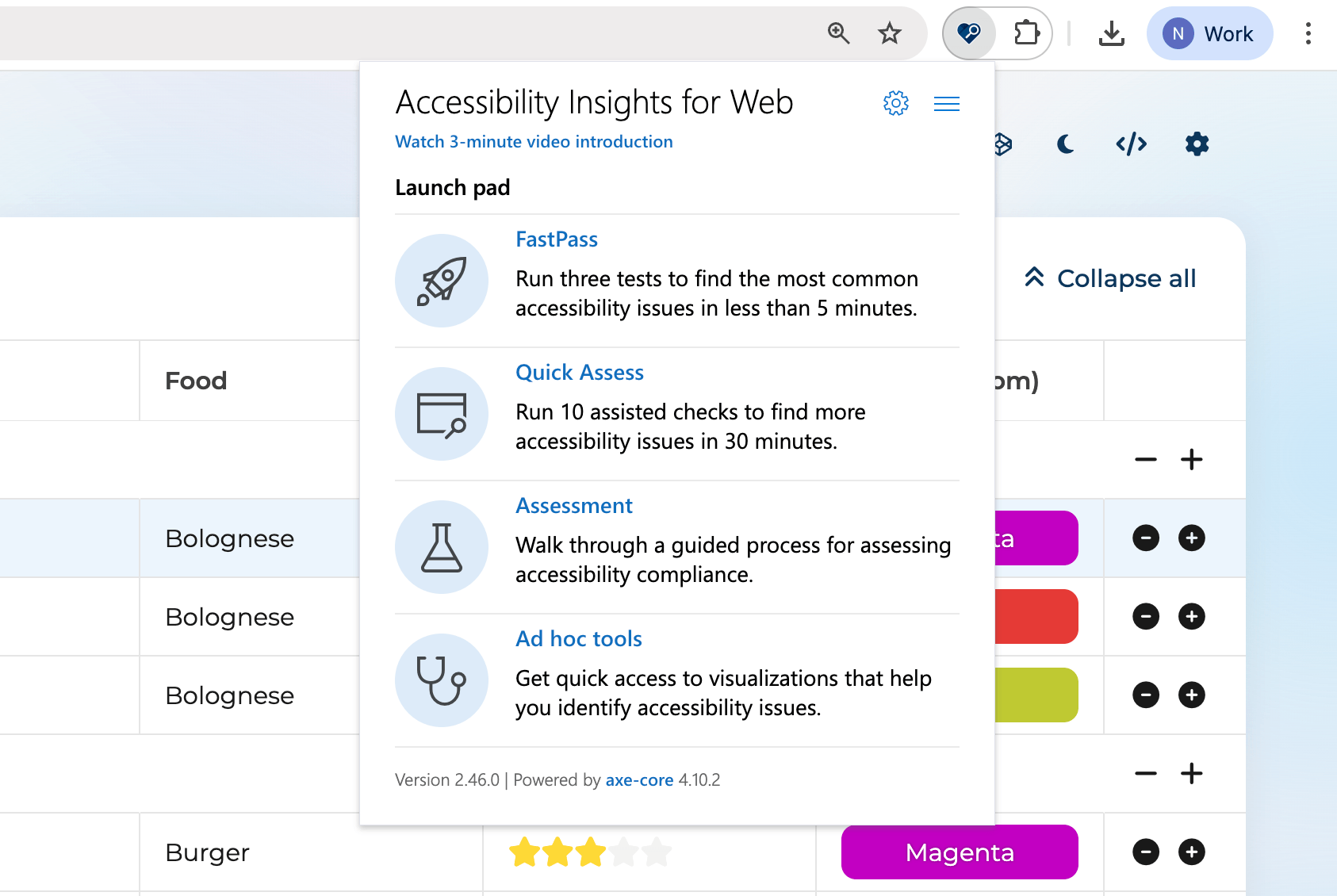 The Accessibility Insights for Web extension Launch Pad with the FastPass tests available to select.