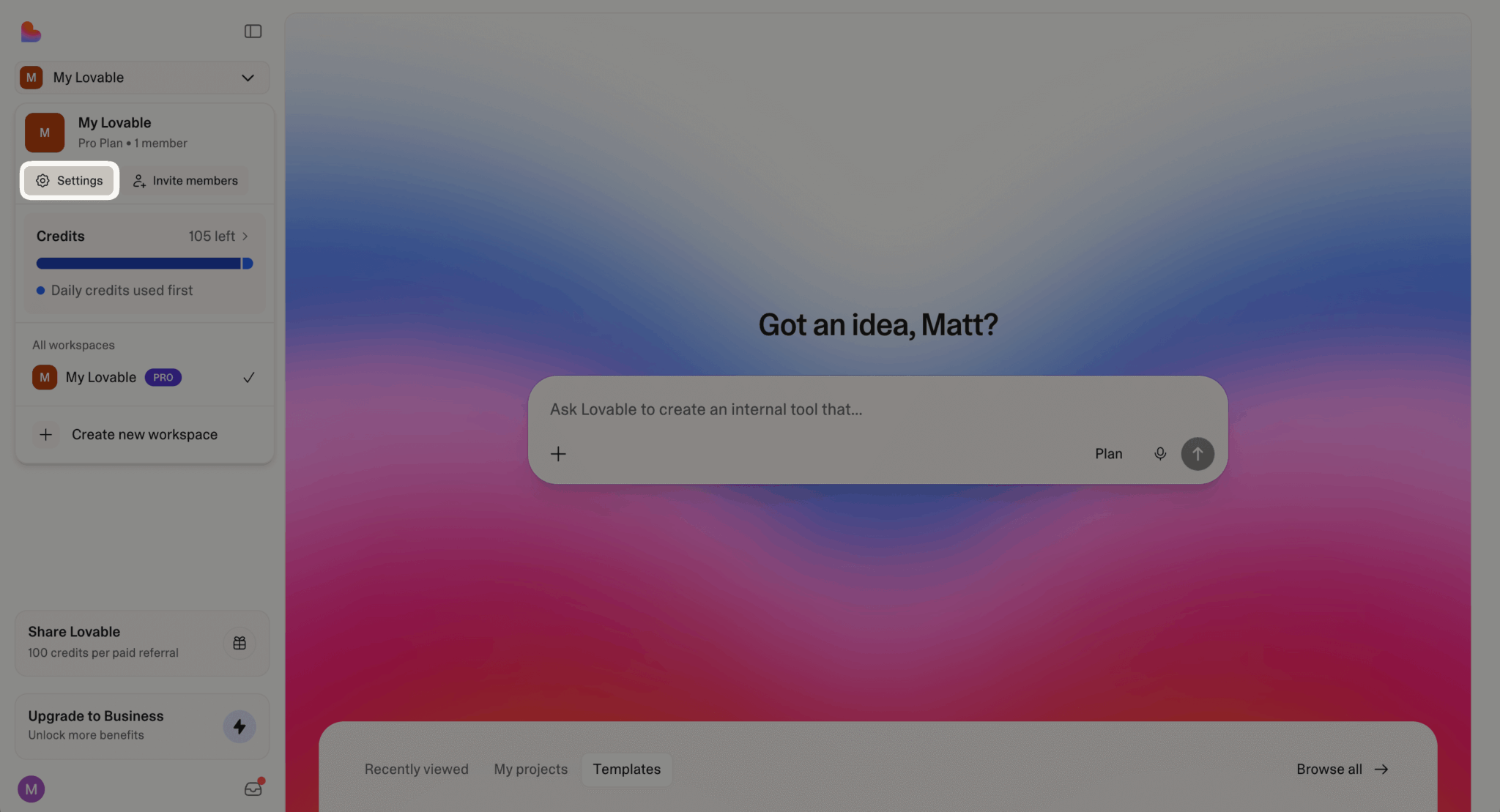 Lovable Settings button