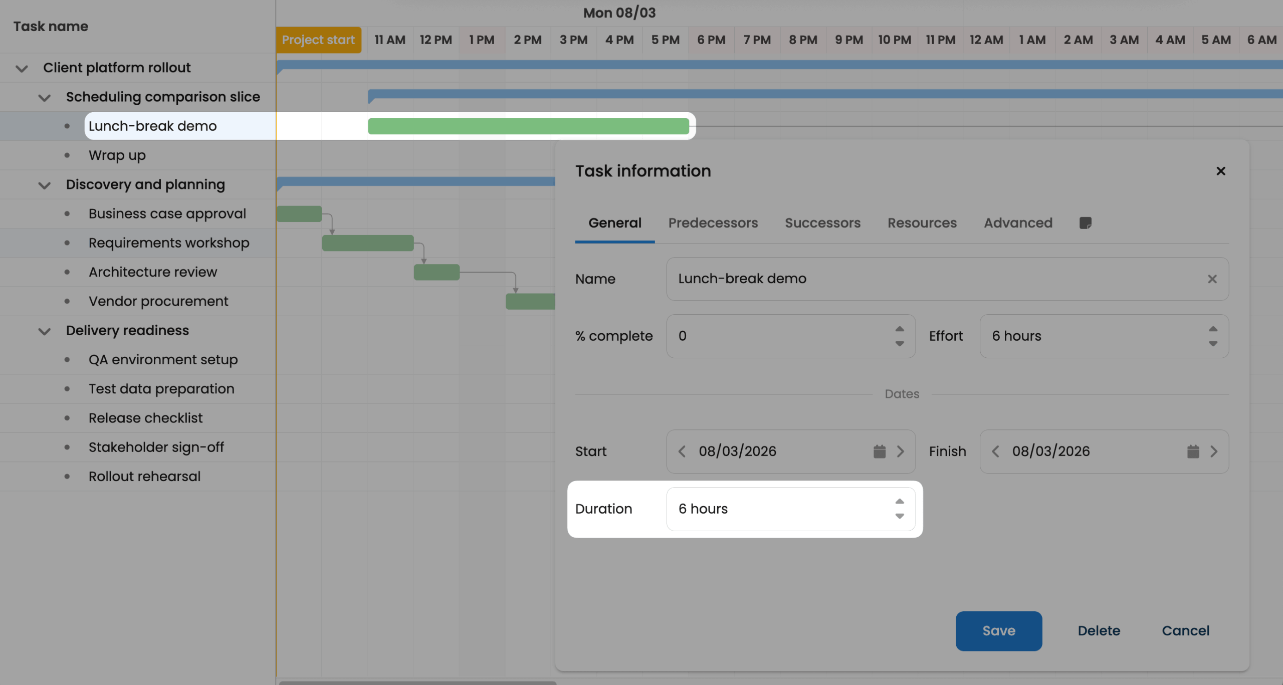 Bryntum React Gantt showing a 6-hour task ending at 18:00 after skipping the lunch break.
