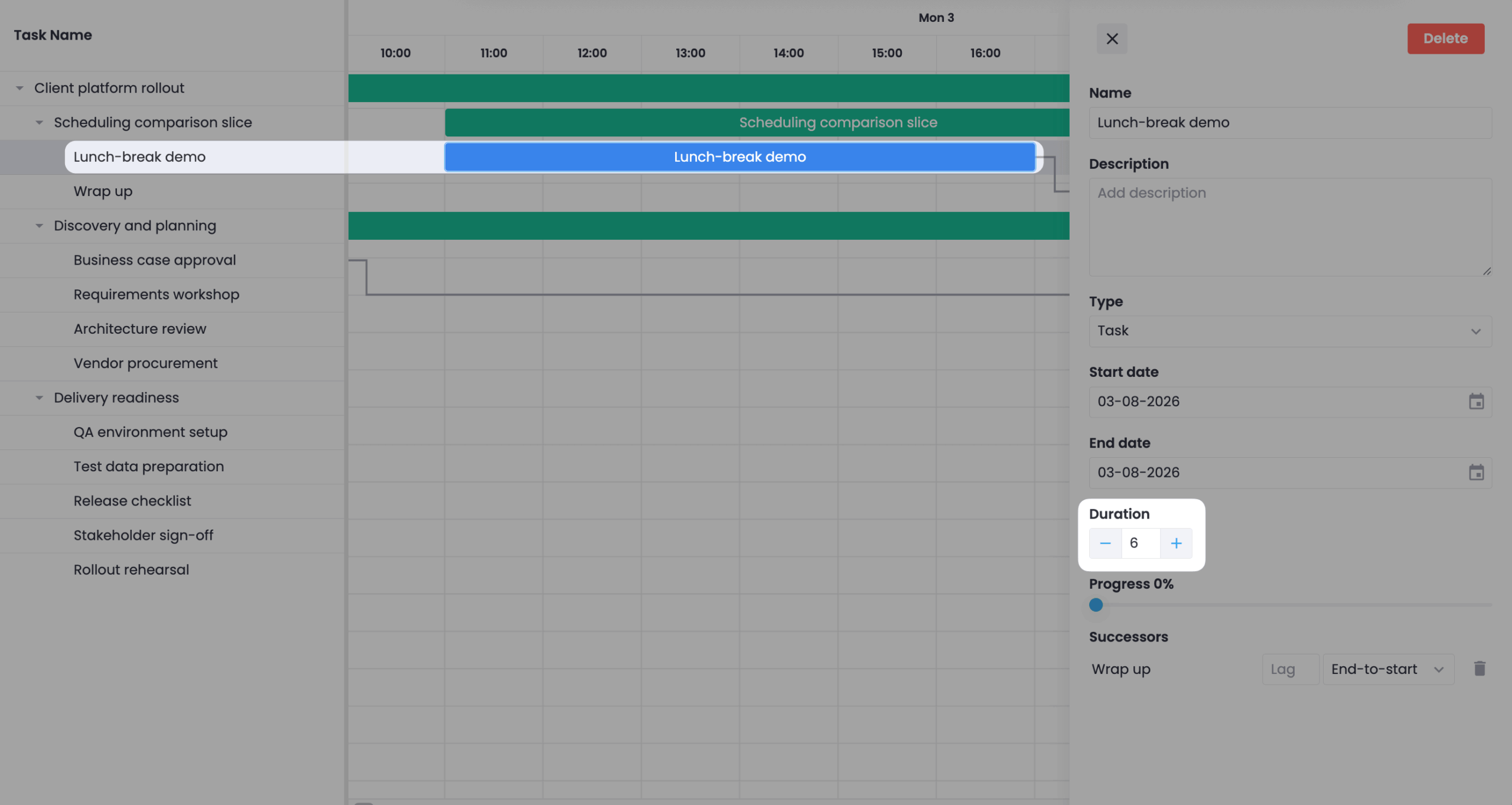 SVAR React Gantt showing a 6-hour task with no lunch break.