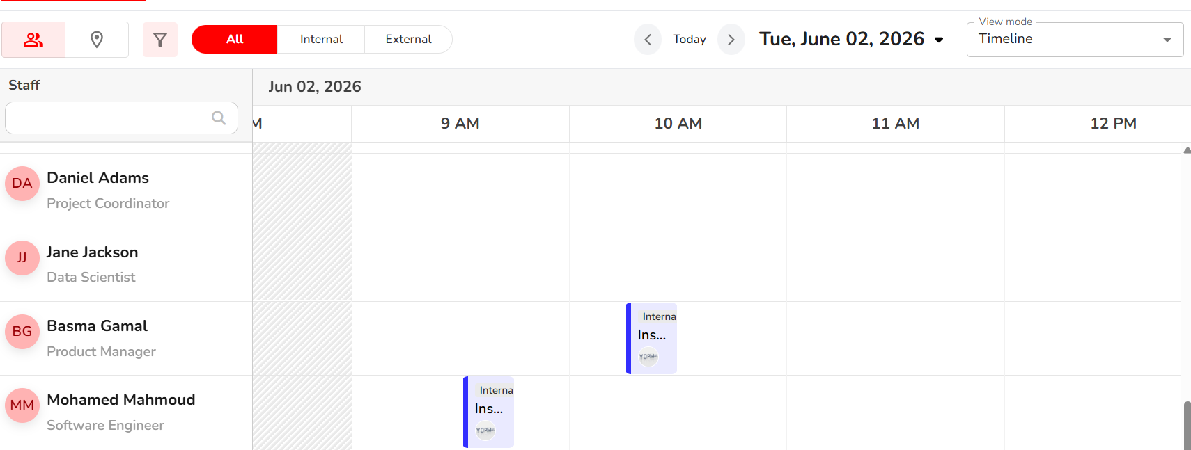 Captello's meeting management platform showing a resource-based timeline of staff bookings across the morning