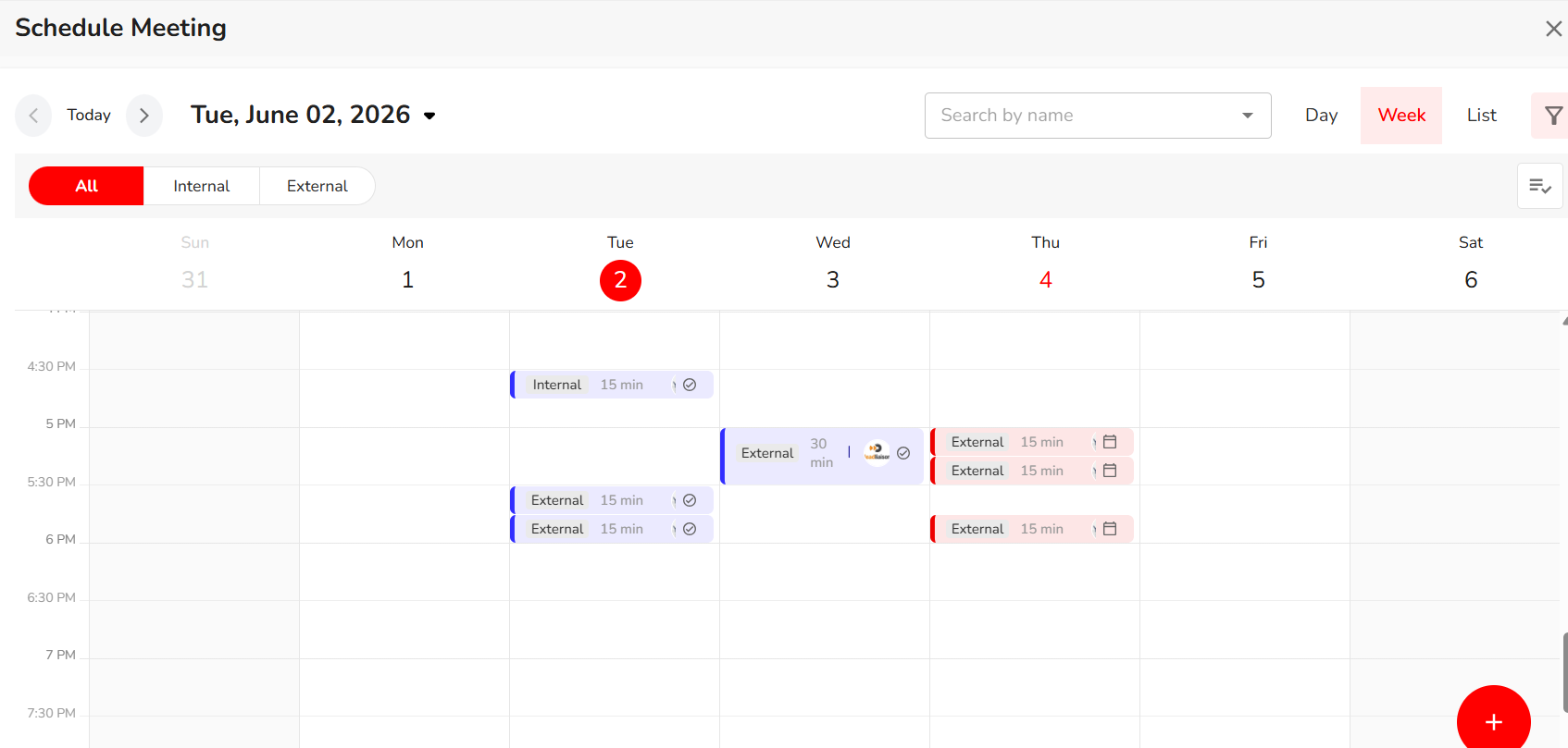Captello's Schedule Meeting dialog showing a weekly calendar view with internal and external meetings