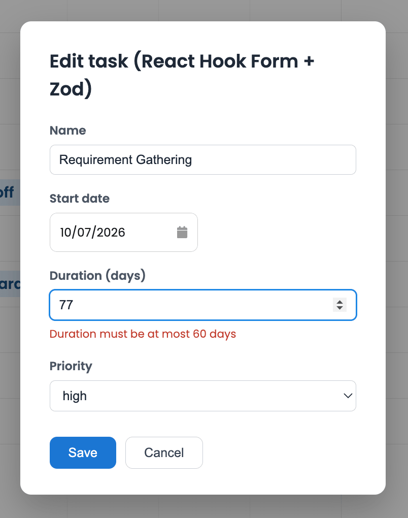React Hook Form Zod validation.