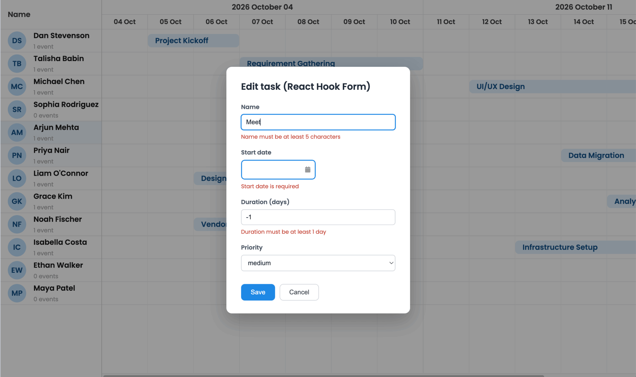 React Hook Form task editor with Bryntum Scheduler Pro.