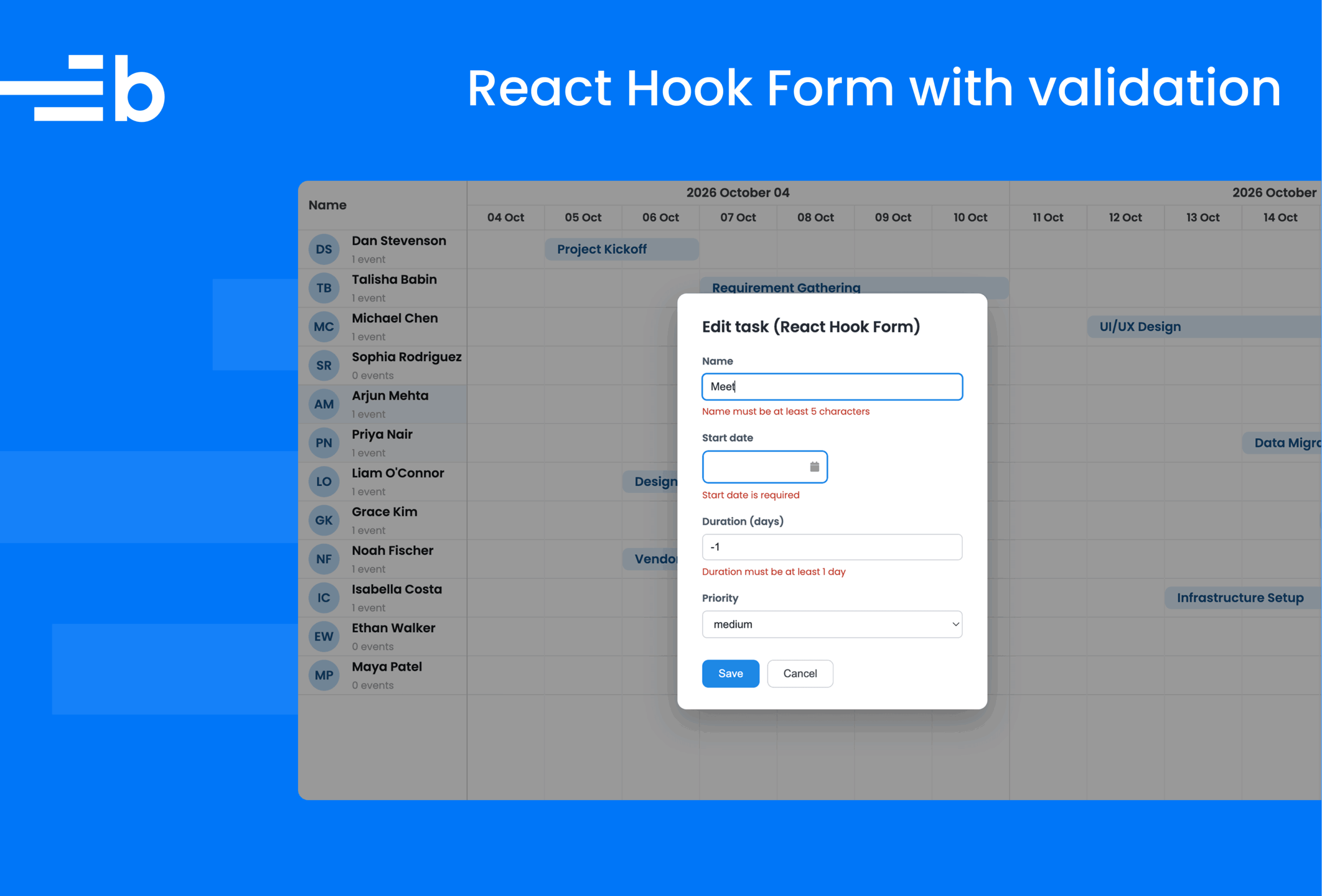 React Hook Form and Zod validation in Bryntum Scheduler Pro