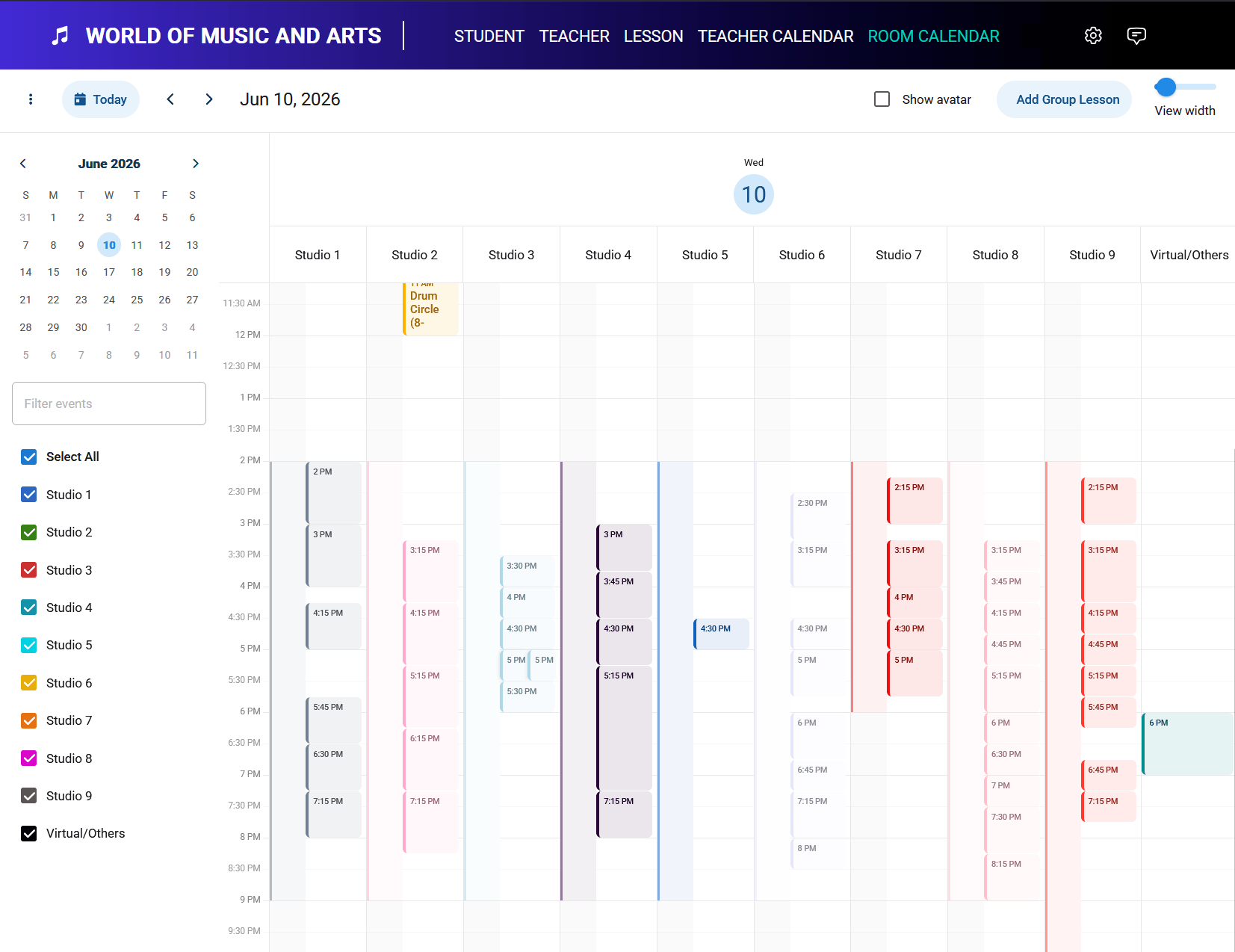 The WMA room calendar showing a single day across ten studio resources.