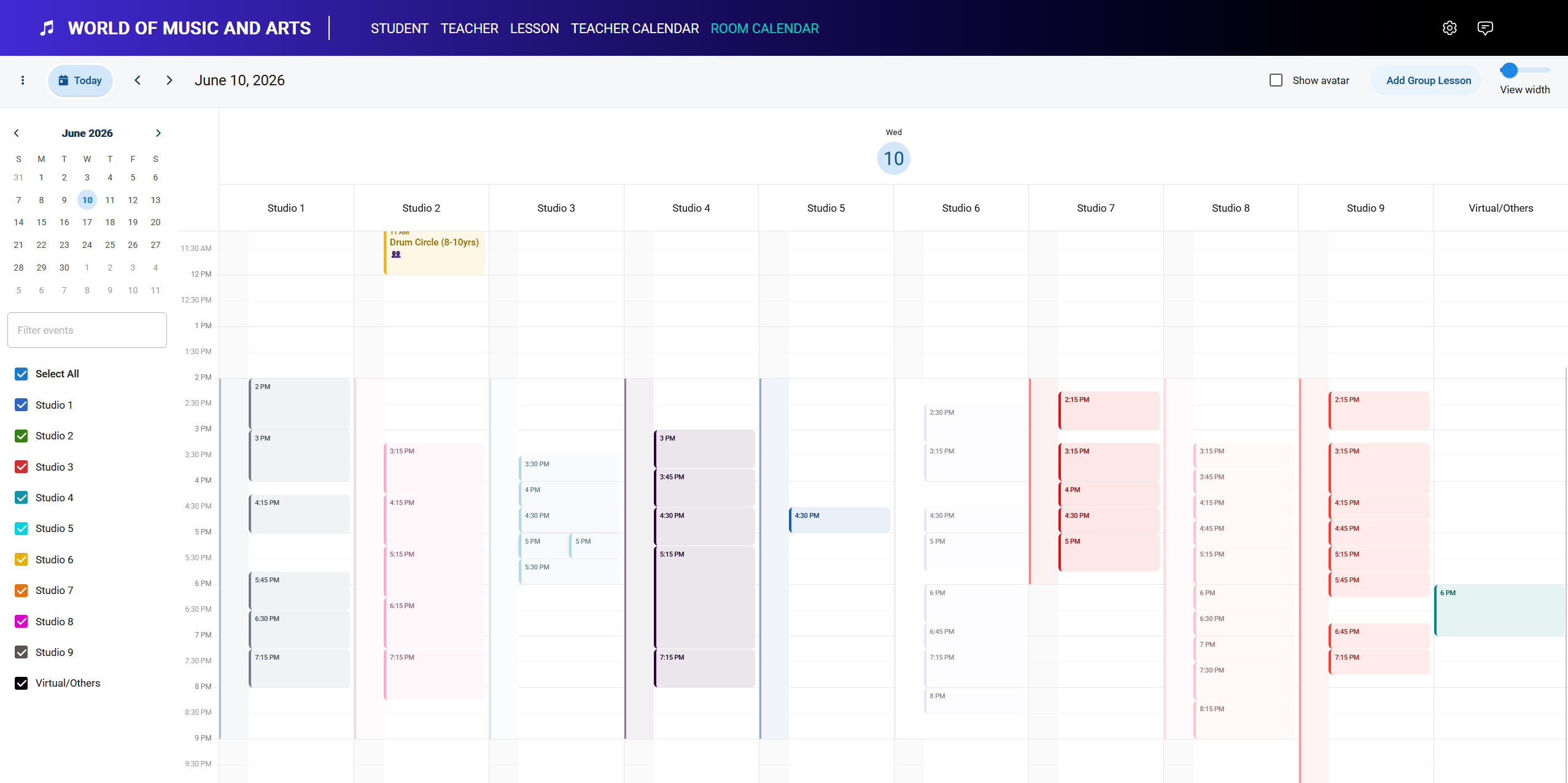 World of Music & Arts room calendar built with Bryntum Calendar