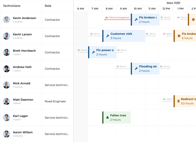 Bryntum Scheduler Pro travel time demo showing technician callouts with travel times between jobs